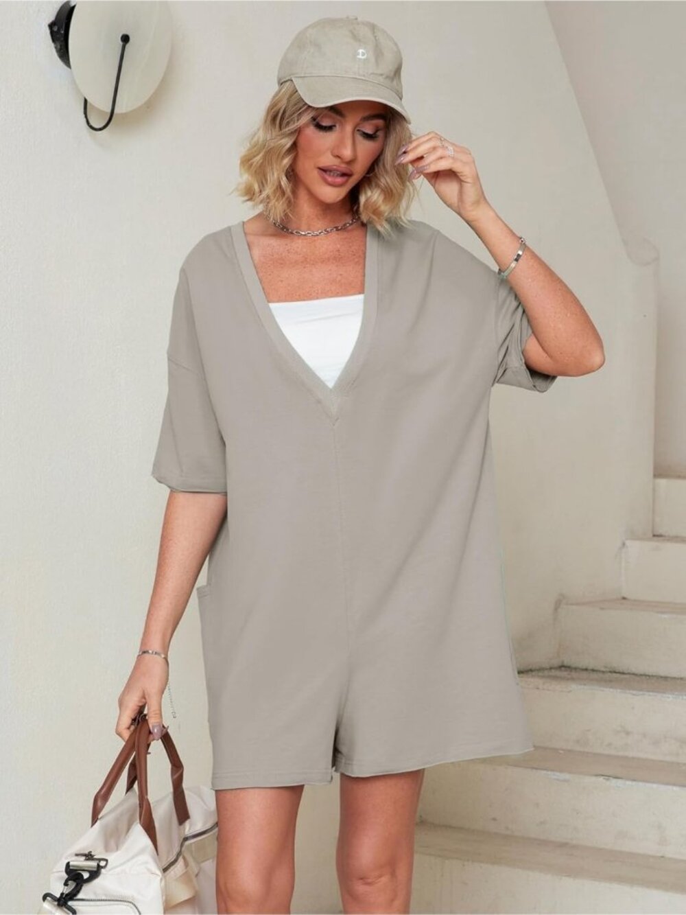 Women Light Grey Summer Casual Onesie Backless Loose Short Oversized Tee Romper - Picture 5 of 6